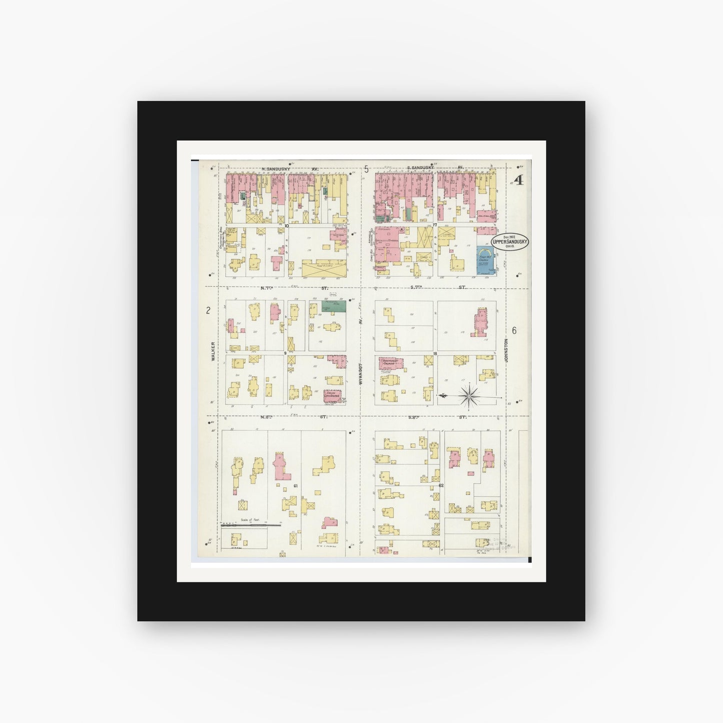 Old map wall art mockup — black gallery frame with white mat — Sanborn Fire Insurance Map from Upper Sandusky, Wyandot County, Ohio (1902), Sheet #0004