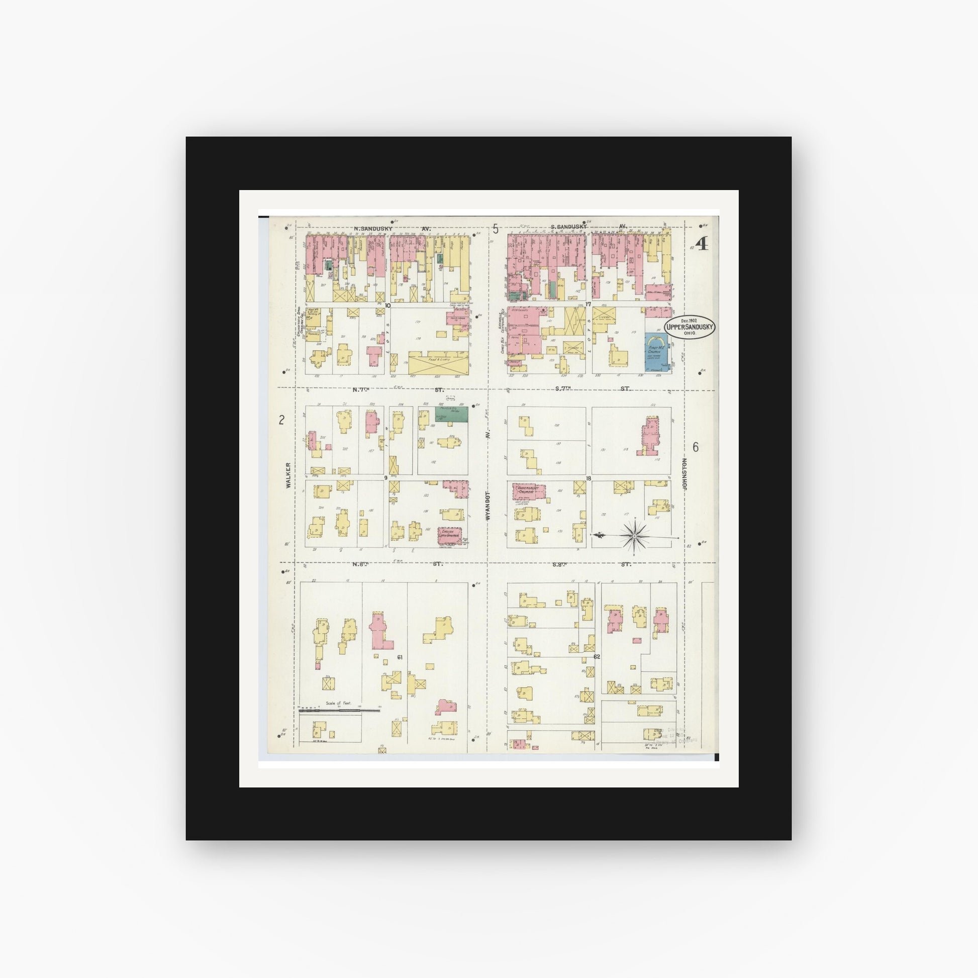 Old map wall art mockup — black gallery frame with white mat — Sanborn Fire Insurance Map from Upper Sandusky, Wyandot County, Ohio (1902), Sheet #0004