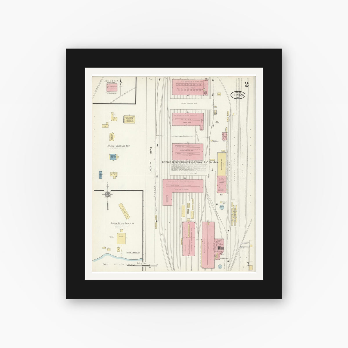 Old map wall art mockup — black gallery frame with white mat — Sanborn Fire Insurance Map from Hudson, St. Croix County, Wisconsin (1912), Sheet #0002