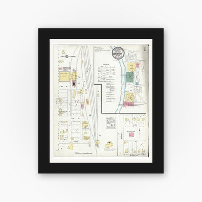Old map wall art mockup — black gallery frame with white mat — Sanborn Fire Insurance Map from Montezuma, Parke County, Indiana (1910), Sheet #0001