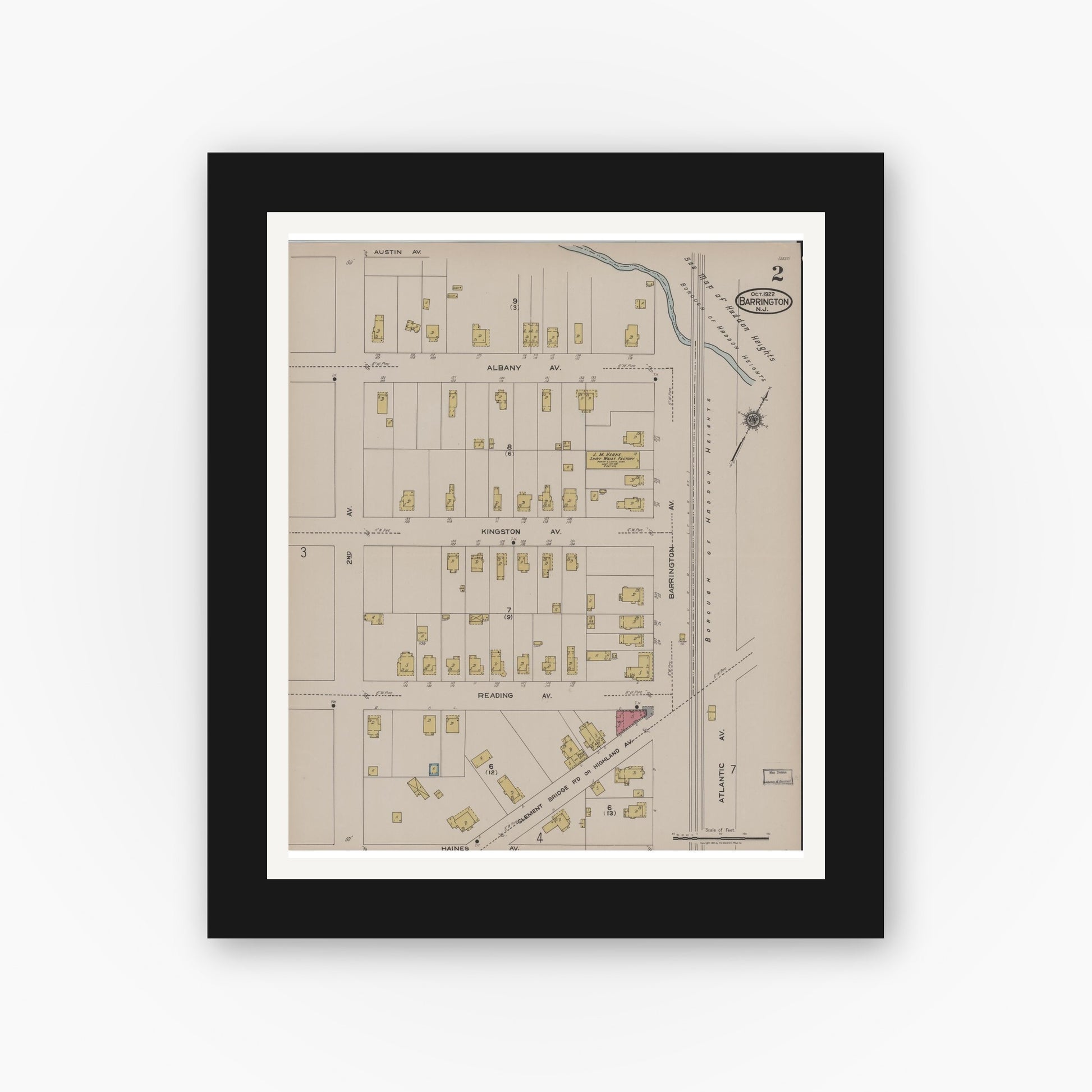 Old map wall art mockup — black gallery frame with white mat — Sanborn Fire Insurance Map from Barrington, Camden County, New Jersey (1922), Sheet #0002