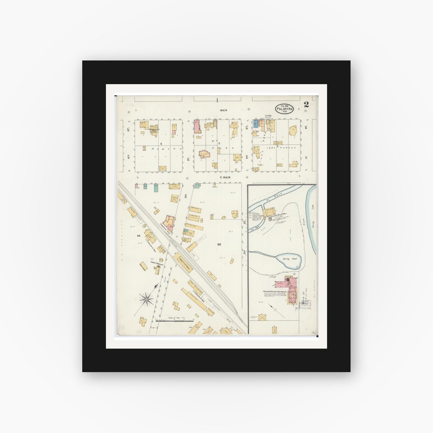Old map wall art mockup — black gallery frame with white mat — Sanborn Fire Insurance Map from Palmyra, Jefferson County, Wisconsin (1904), Sheet #0002
