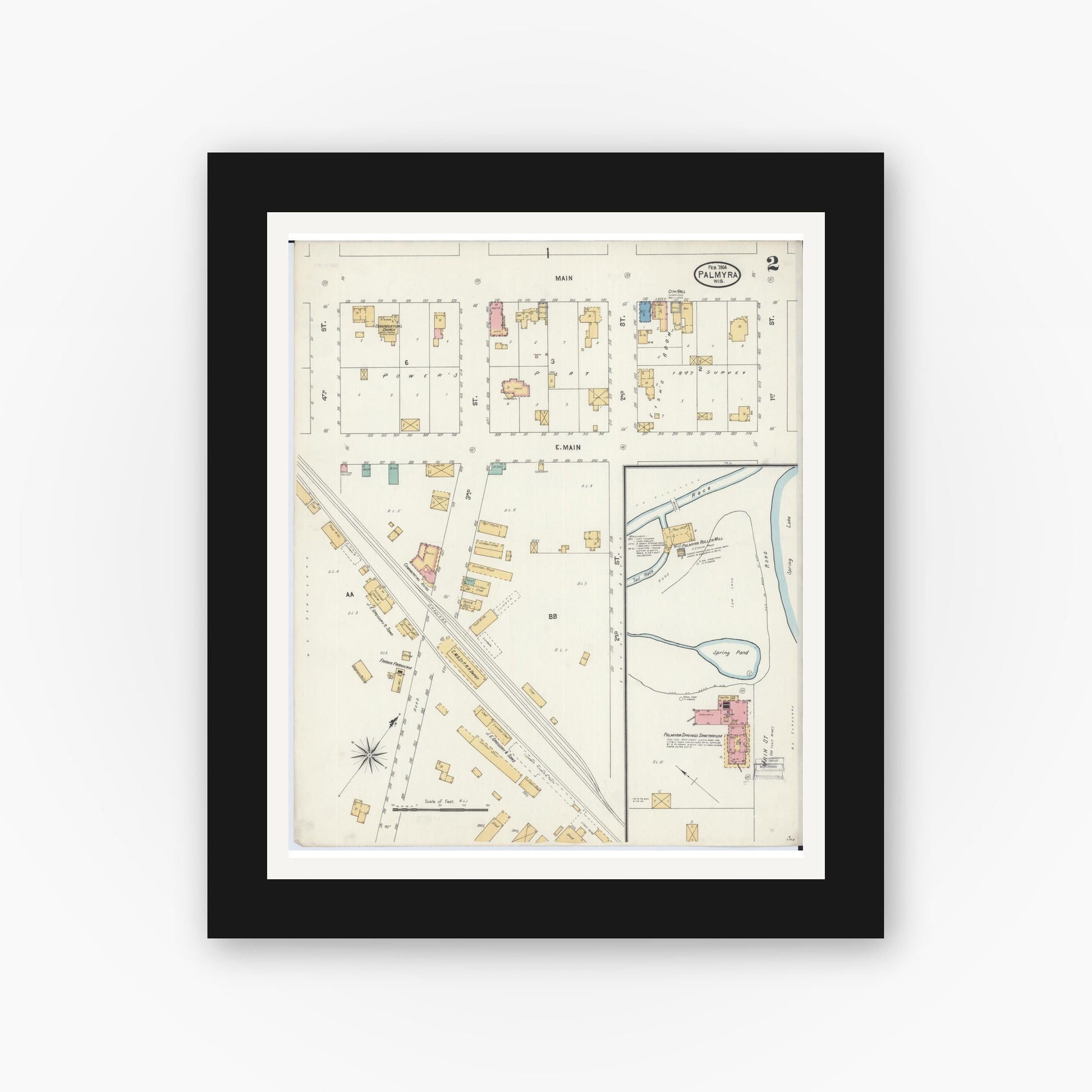 Old map wall art mockup — black gallery frame with white mat — Sanborn Fire Insurance Map from Palmyra, Jefferson County, Wisconsin (1904), Sheet #0002