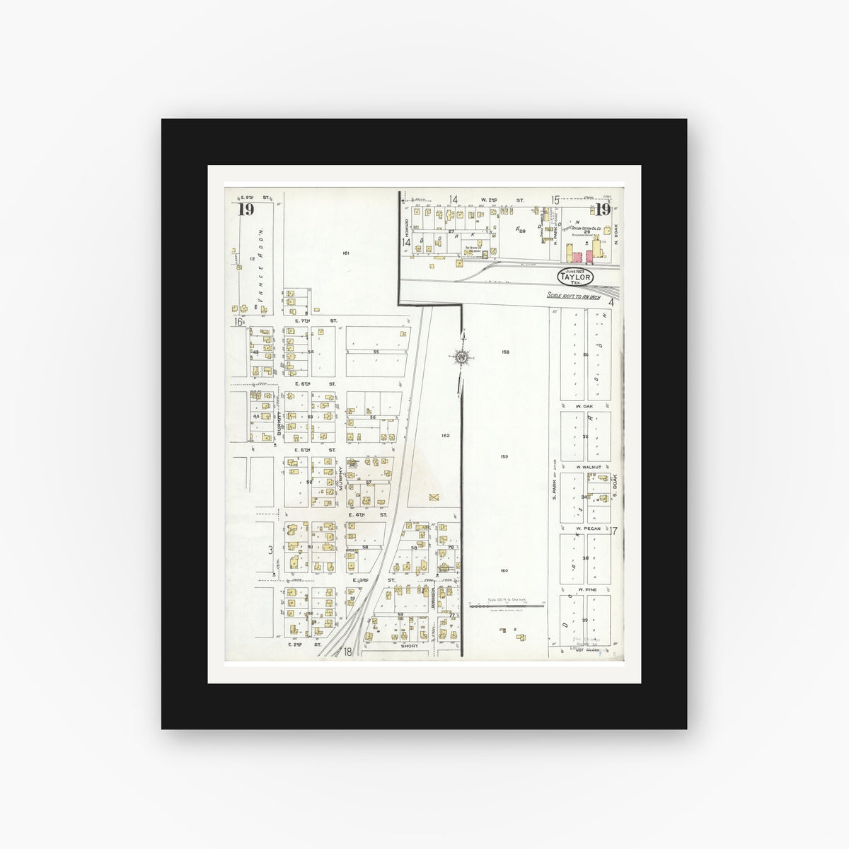 Old map wall art mockup — black gallery frame with white mat — Sanborn Fire Insurance Map from Taylor, Williamson County, Texas (1923), Sheet #0019