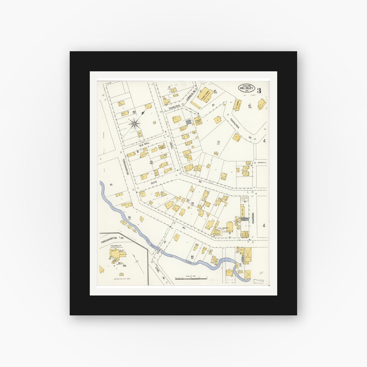 Old map wall art mockup — black gallery frame with white mat — Sanborn Fire Insurance Map from Mill Valley, Marin County, California (1908), Sheet #0003
