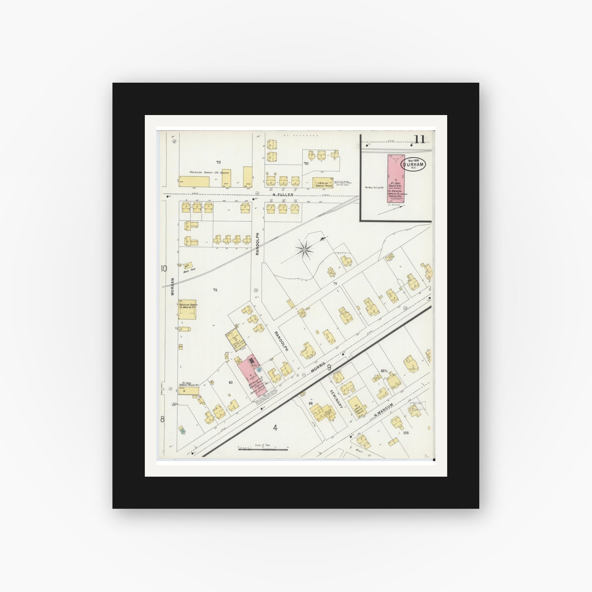 Old map wall art mockup — black gallery frame with white mat — Sanborn Fire Insurance Map from Durham, Durham County, North Carolina (1898), Sheet #0011