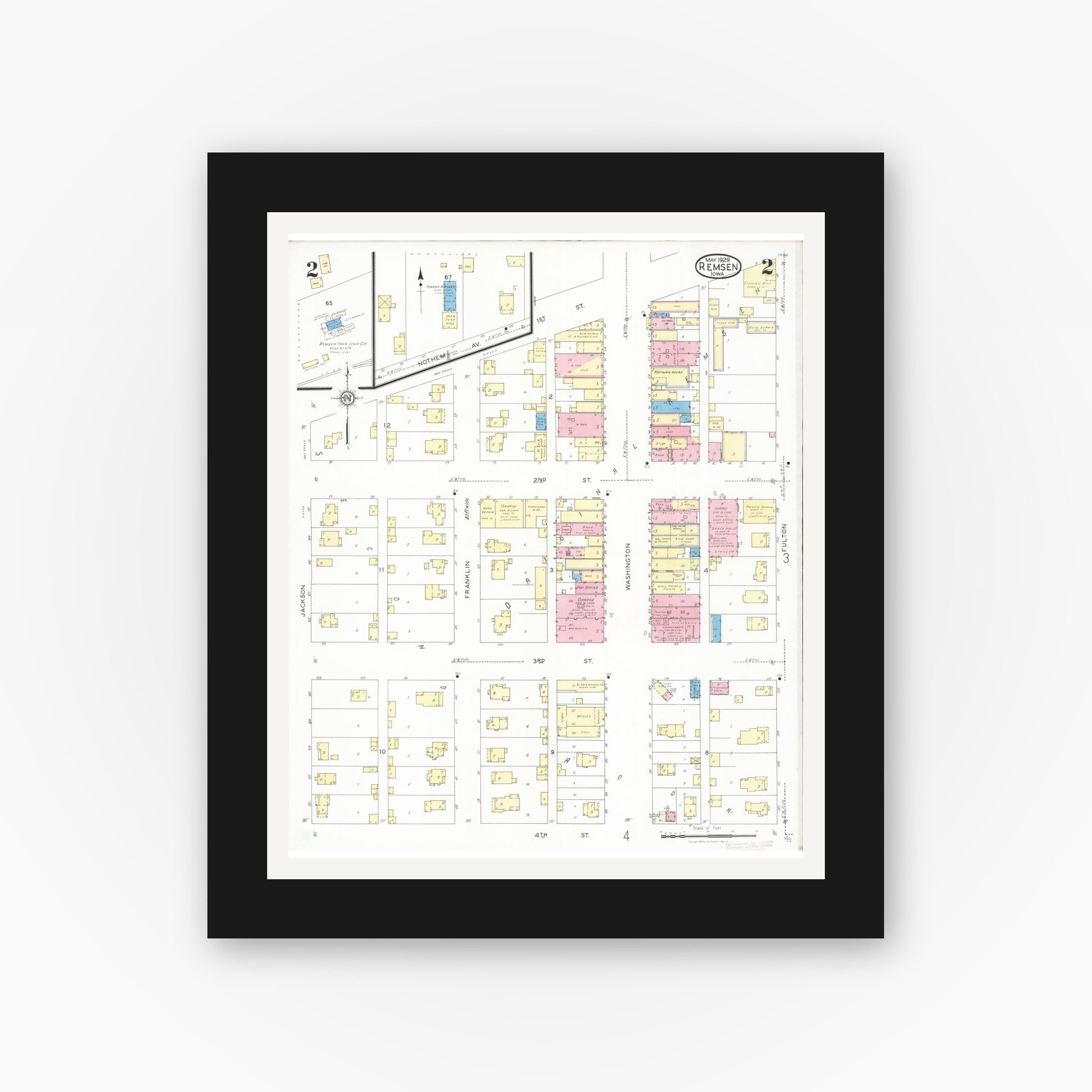 Old map wall art mockup — black gallery frame with white mat — Sanborn Fire Insurance Map from Remsen, Plymouth County, Iowa (1929), Sheet #0002