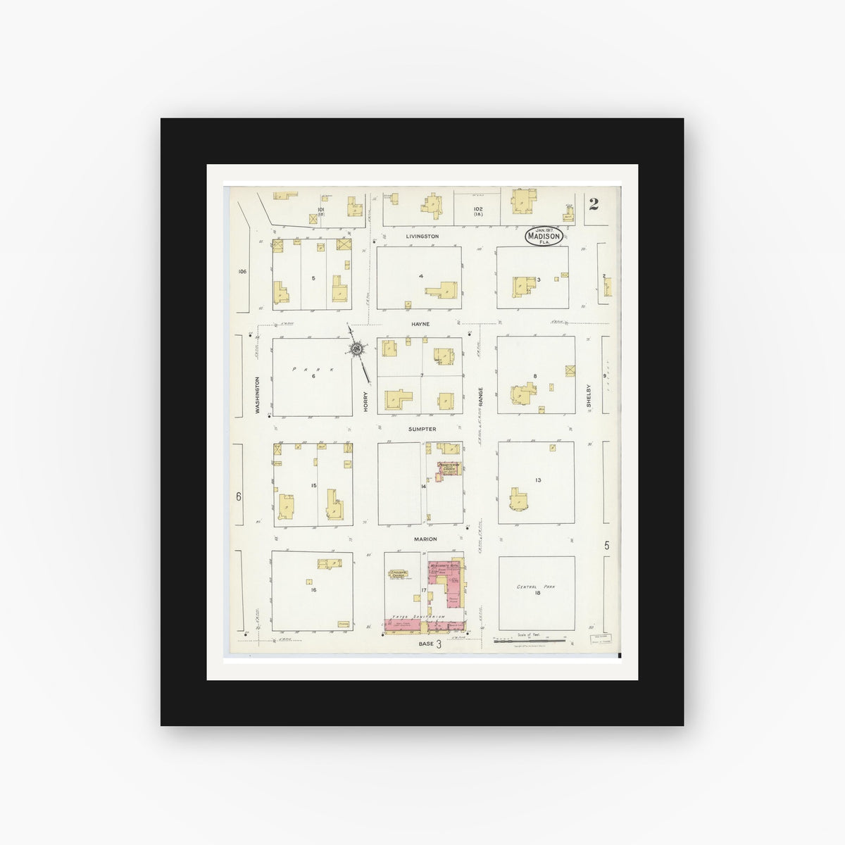 Old map wall art mockup — black gallery frame with white mat — Sanborn Fire Insurance Map from Madison, Madison County, Florida (1917), Sheet #0002