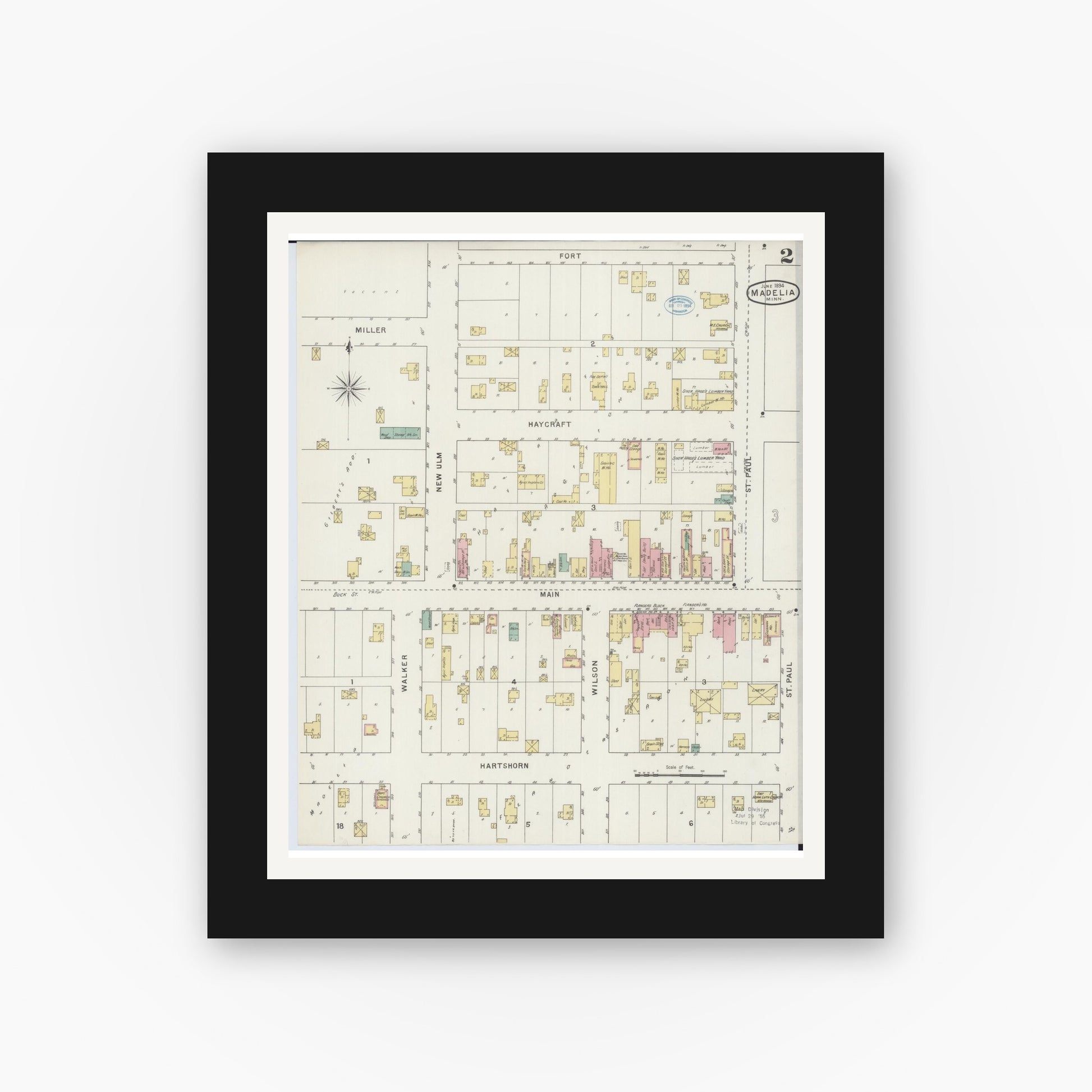 Old map wall art mockup — black gallery frame with white mat — Sanborn Fire Insurance Map from Madelia, Watonwan County, Minnesota (1894), Sheet #0002