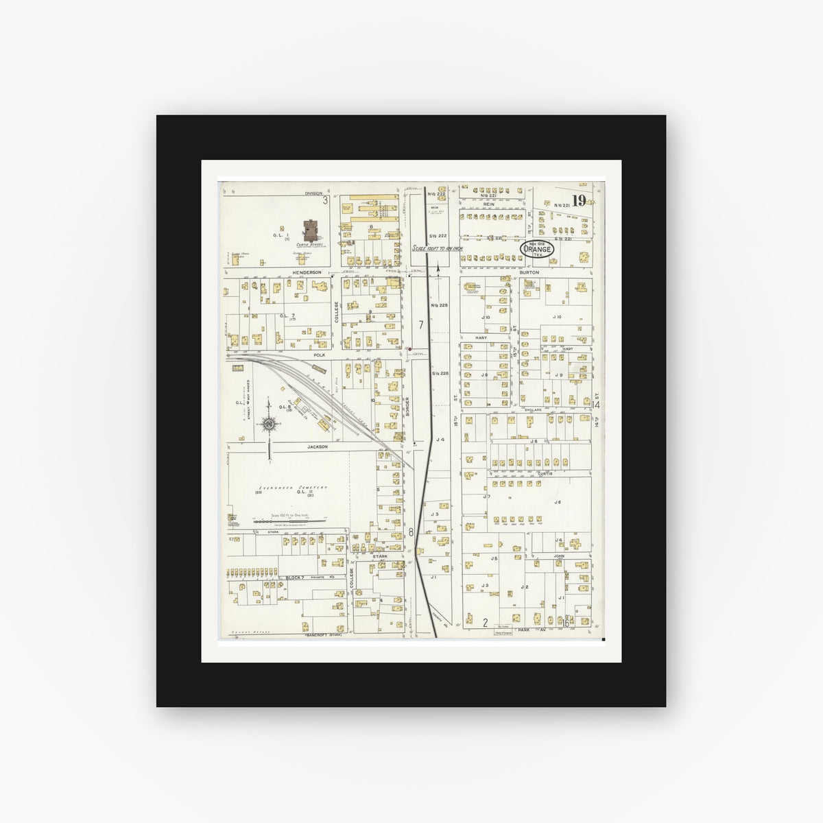 Old map wall art mockup — black gallery frame with white mat — Sanborn Fire Insurance Map from Orange, Orange County, Texas (1919), Sheet #0019