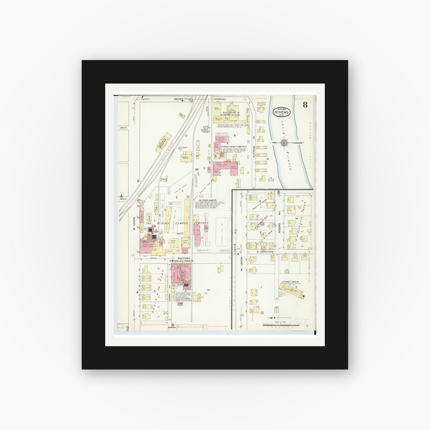 Old map wall art mockup — black gallery frame with white mat — Sanborn Fire Insurance Map from Athens, Athens County, Ohio (1914), Sheet #0008