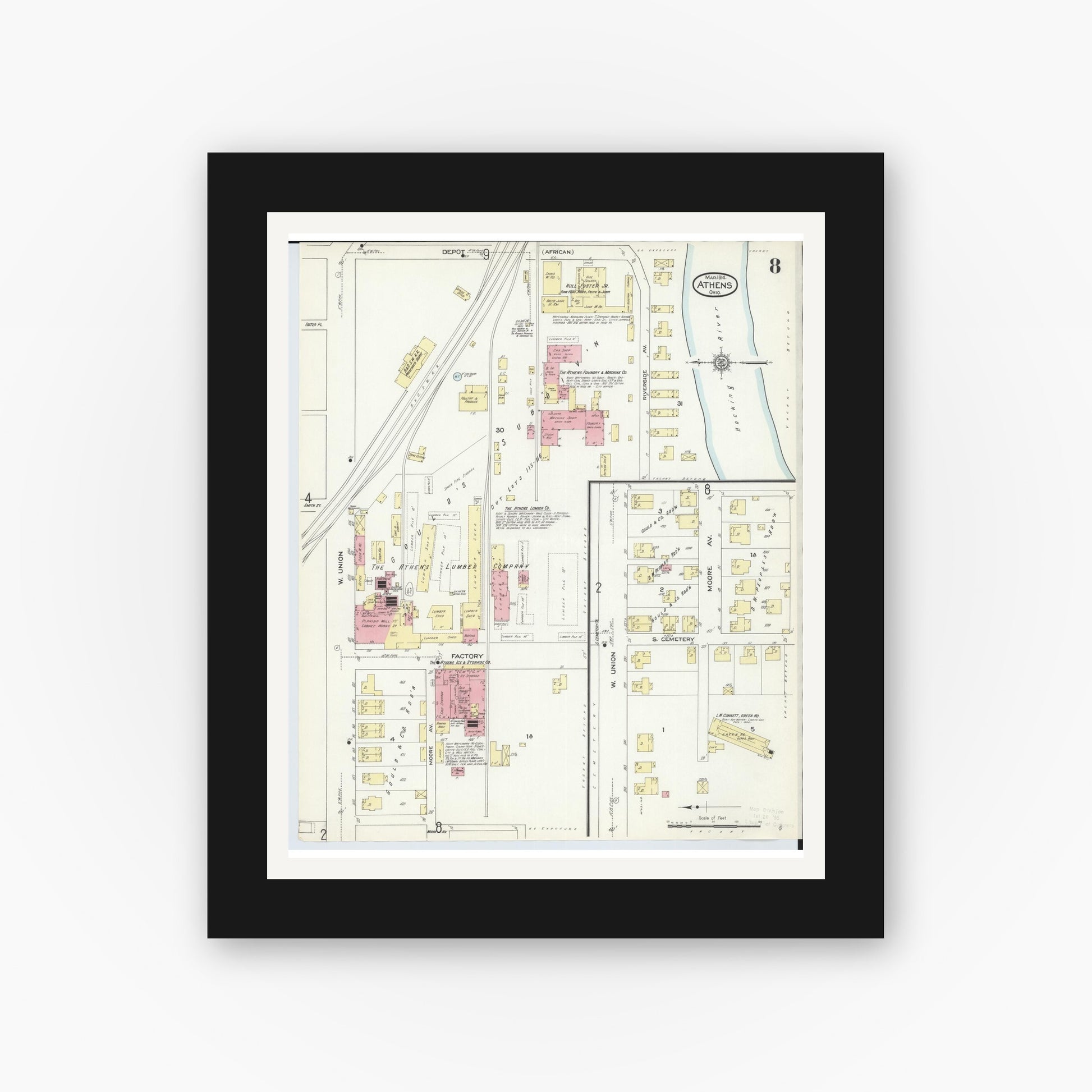 Old map wall art mockup — black gallery frame with white mat — Sanborn Fire Insurance Map from Athens, Athens County, Ohio (1914), Sheet #0008