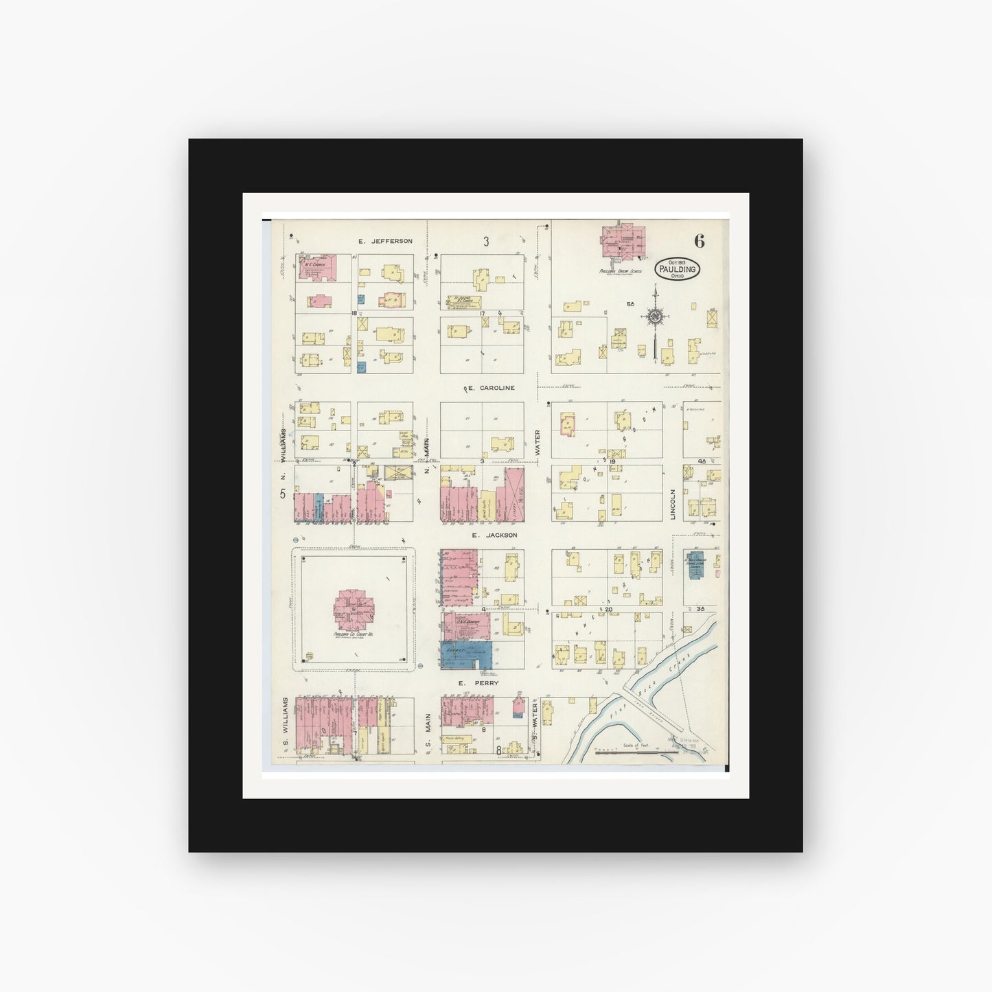 Old map wall art mockup — black gallery frame with white mat — Sanborn Fire Insurance Map from Paulding, Paulding County, Ohio (1913), Sheet #0006