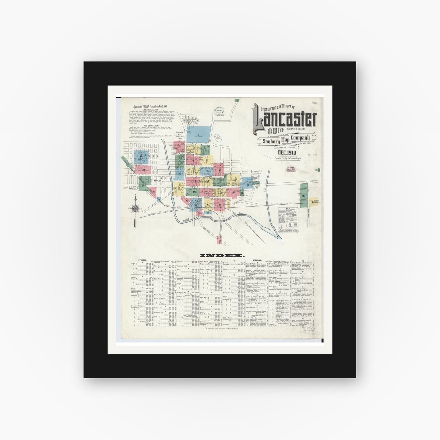 Old map wall art mockup — black gallery frame with white mat — Sanborn Fire Insurance Map from Lancaster, Fairfield County, Ohio (1910) - Complete Map Set