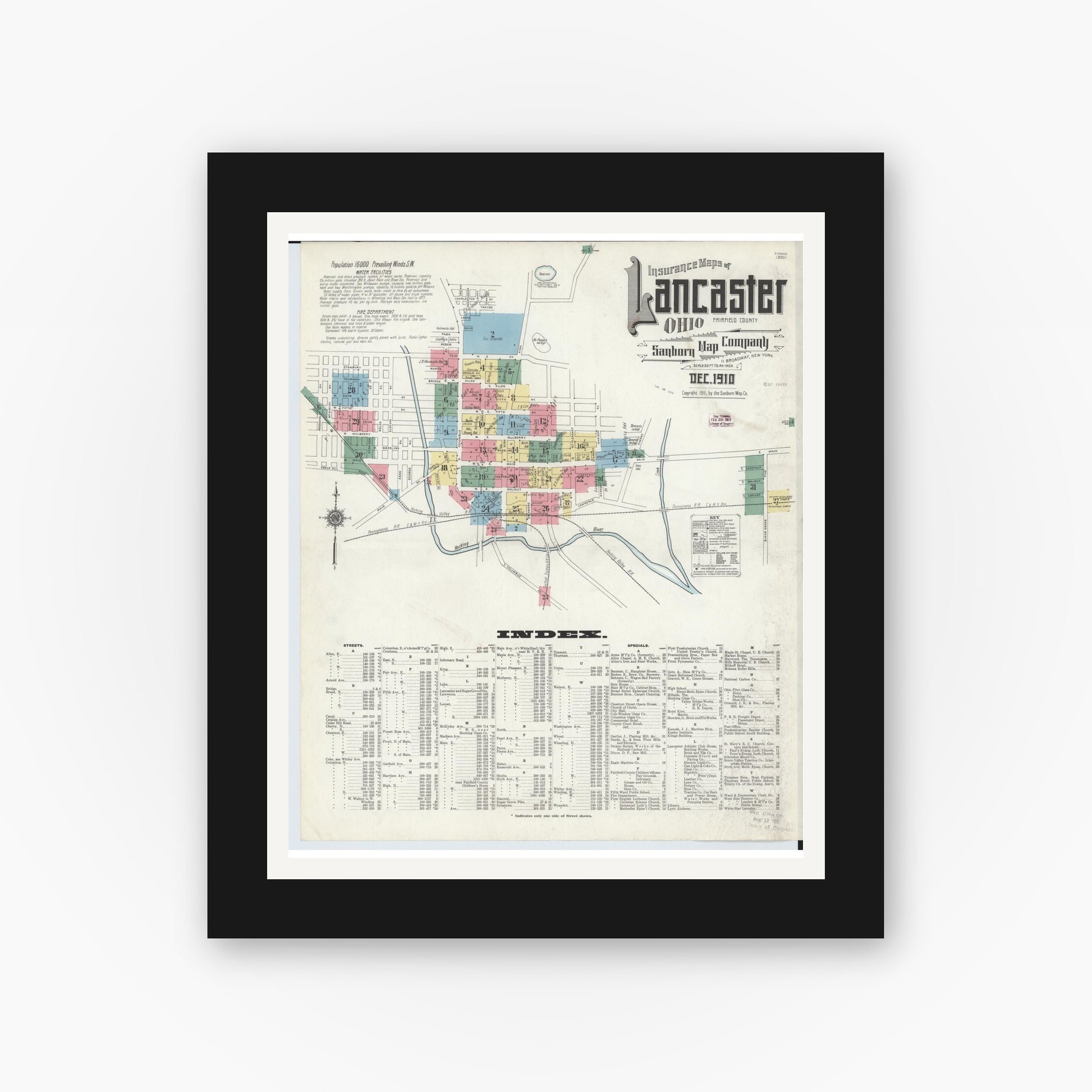 Old map wall art mockup — black gallery frame with white mat — Sanborn Fire Insurance Map from Lancaster, Fairfield County, Ohio (1910) - Complete Map Set