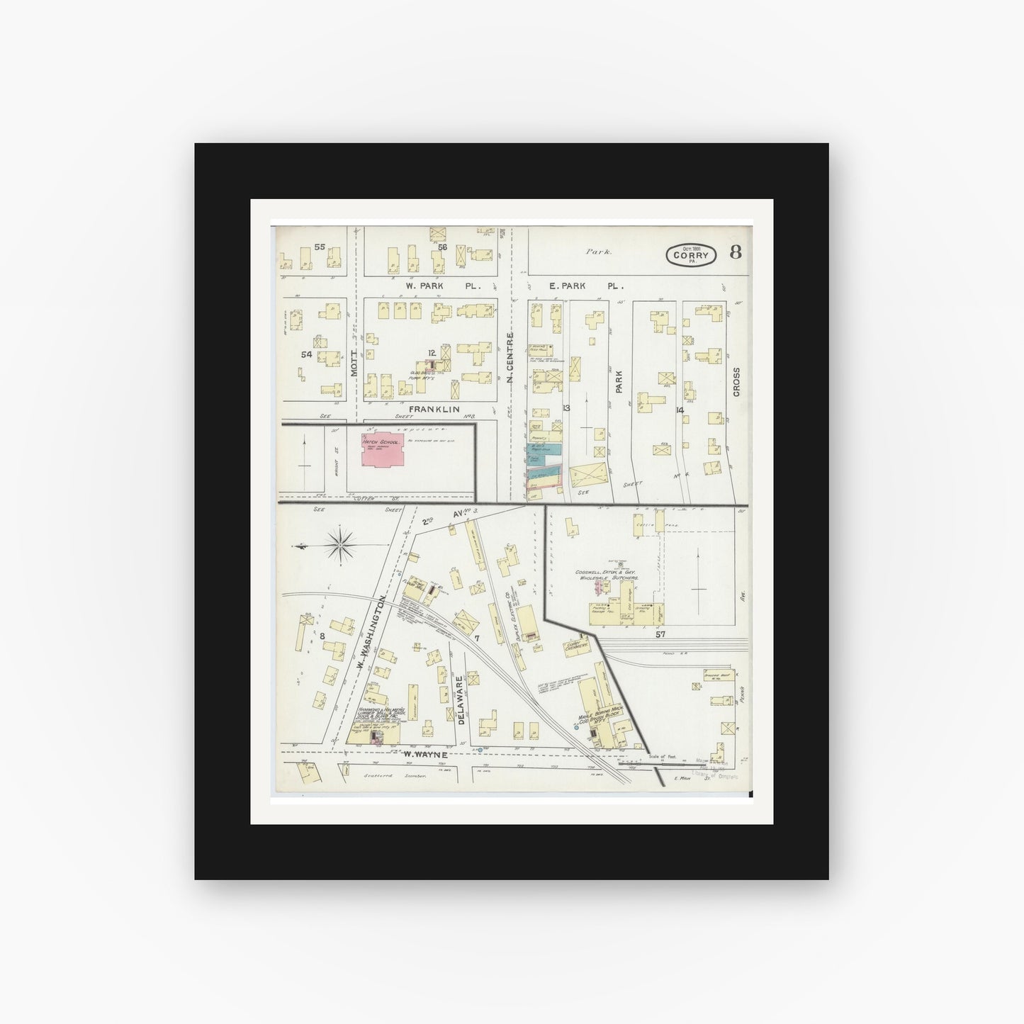 Old map wall art mockup — black gallery frame with white mat — Sanborn Fire Insurance Map from Corry, Erie County, Pennsylvania (1891), Sheet #0008