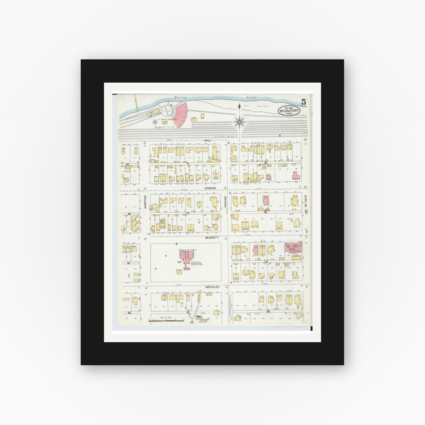 Old map wall art mockup — black gallery frame with white mat — Sanborn Fire Insurance Map from Bridgeport, Belmont County, Ohio (1903), Sheet #0005