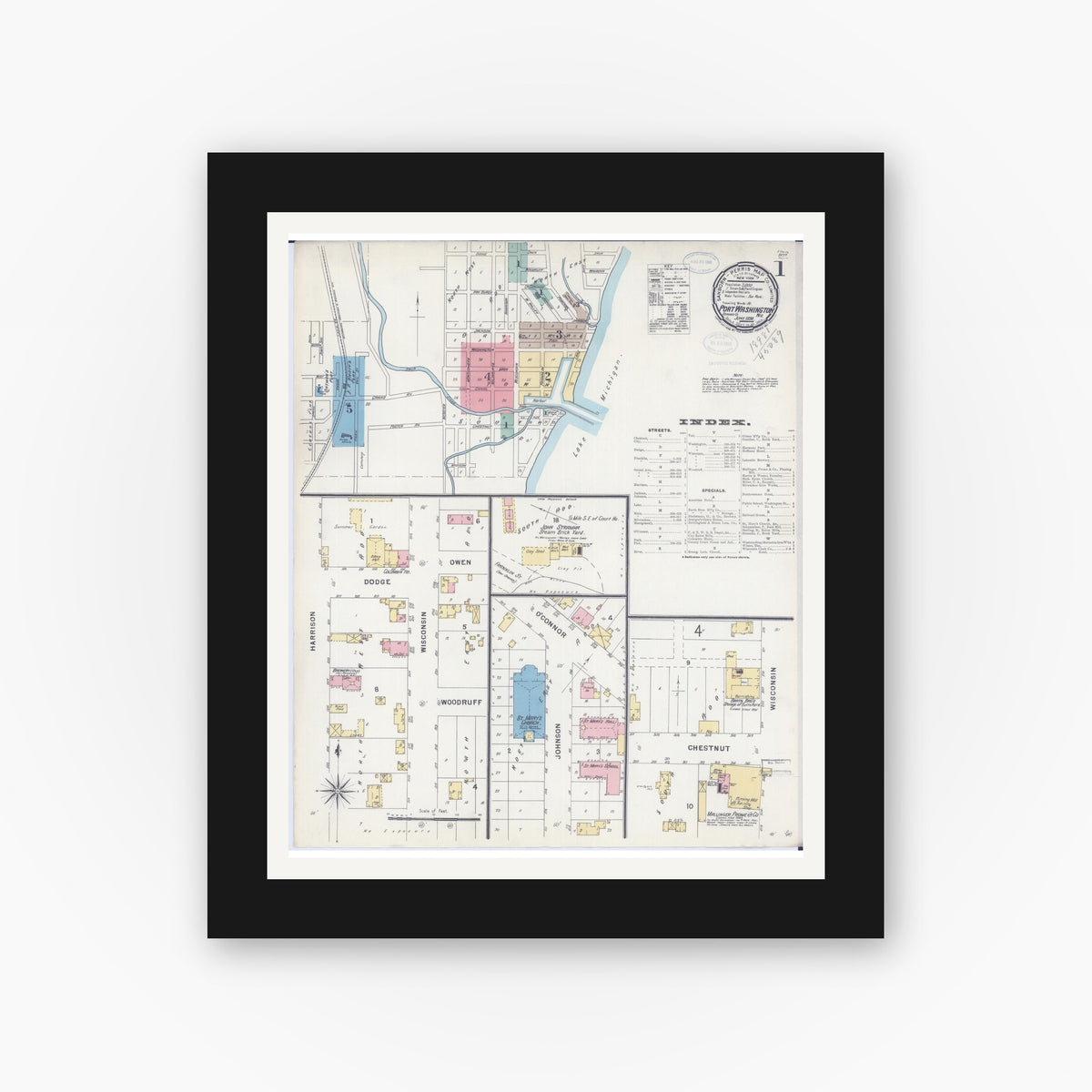 Old map wall art mockup — black gallery frame with white mat — Sanborn Fire Insurance Map from Port Washington, Ozaukee County, Wisconsin (1898) - Complete Map Set