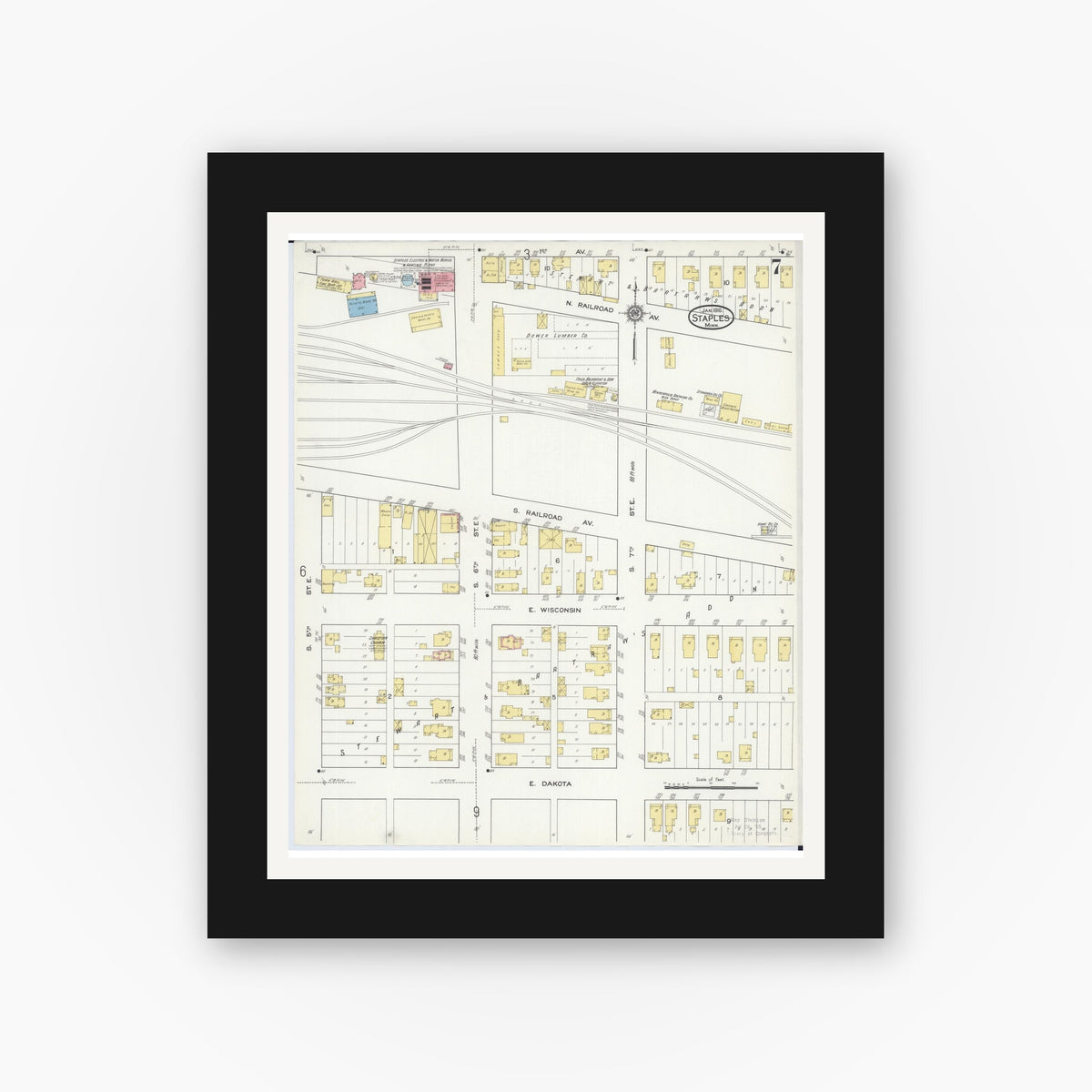 Old map wall art mockup — black gallery frame with white mat — Sanborn Fire Insurance Map from Staples, Todd County, Minnesota (1916), Sheet #0007