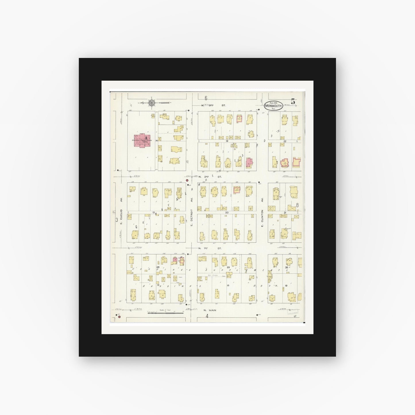 Old map wall art mockup — black gallery frame with white mat — Sanborn Fire Insurance Map from Monmouth, Warren County, Illinois (1913), Sheet #0005