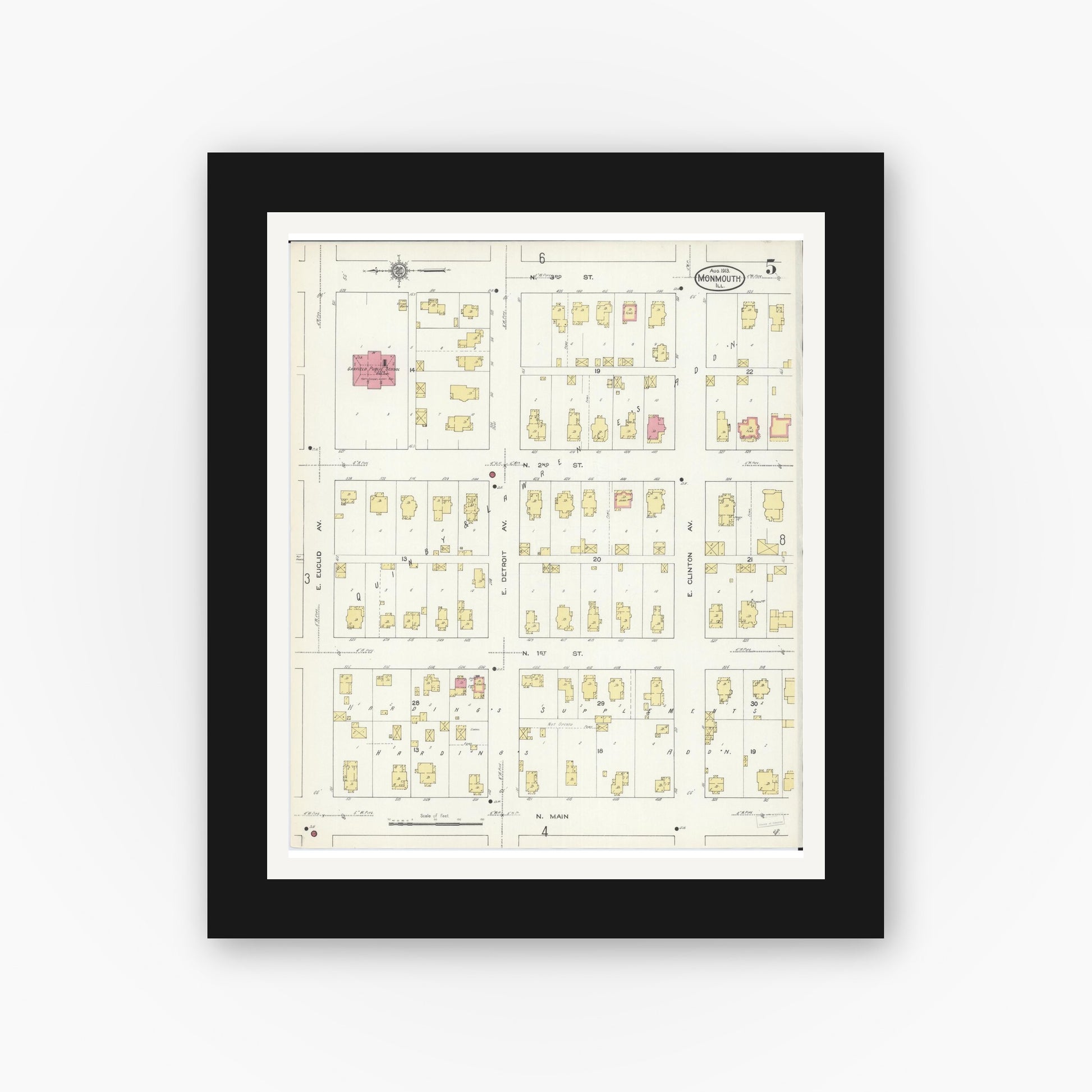 Old map wall art mockup — black gallery frame with white mat — Sanborn Fire Insurance Map from Monmouth, Warren County, Illinois (1913), Sheet #0005