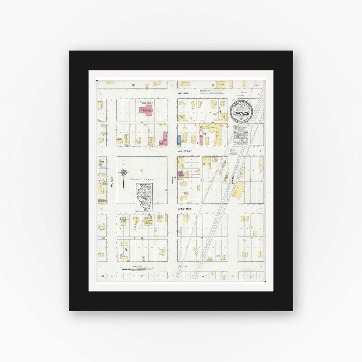 Old map wall art mockup — black gallery frame with white mat — Sanborn Fire Insurance Map from Chatham, Sangamon County, Illinois (1917), Sheet #0001