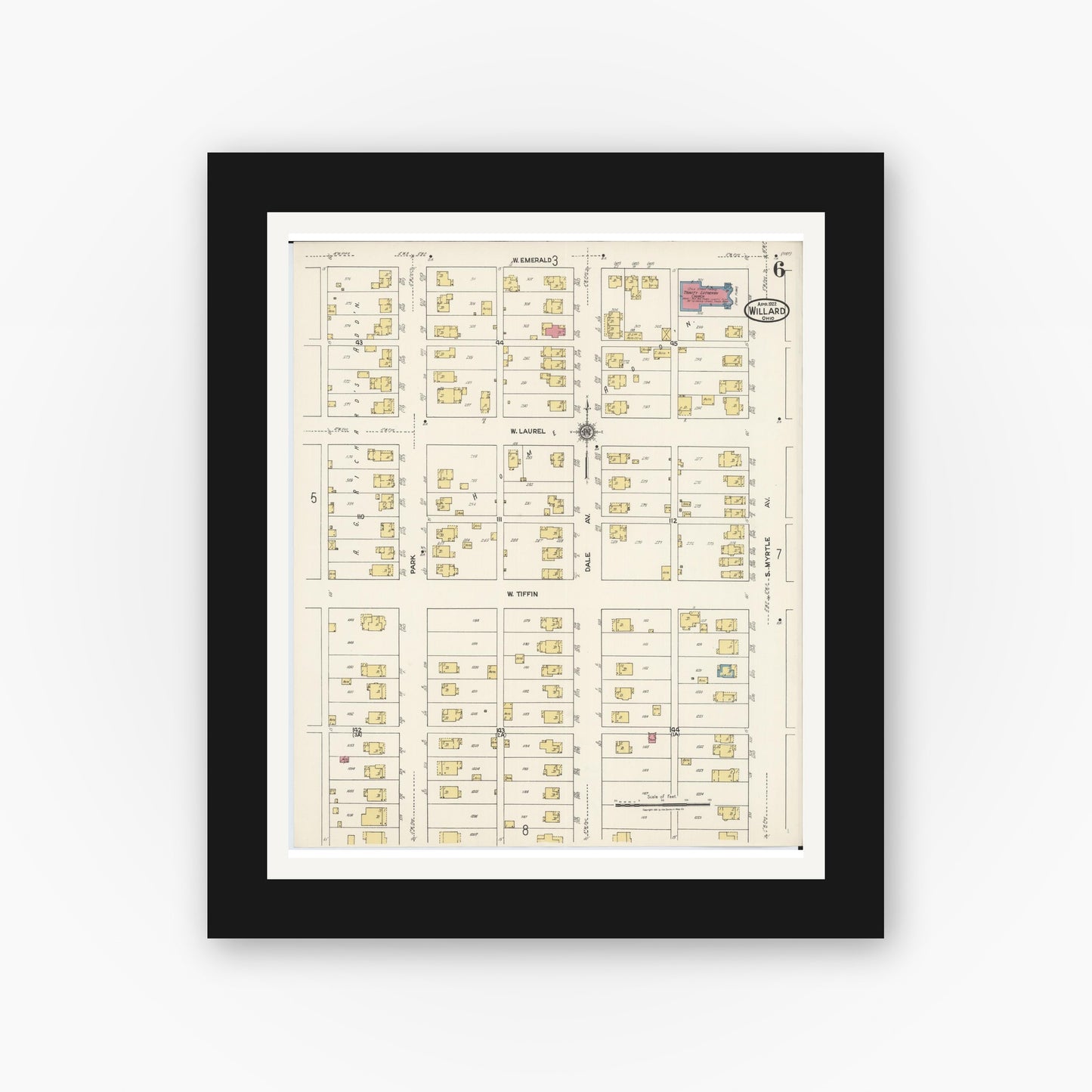 Old map wall art mockup — black gallery frame with white mat — Sanborn Fire Insurance Map from Willard, Huron County, Ohio (1922), Sheet #0006