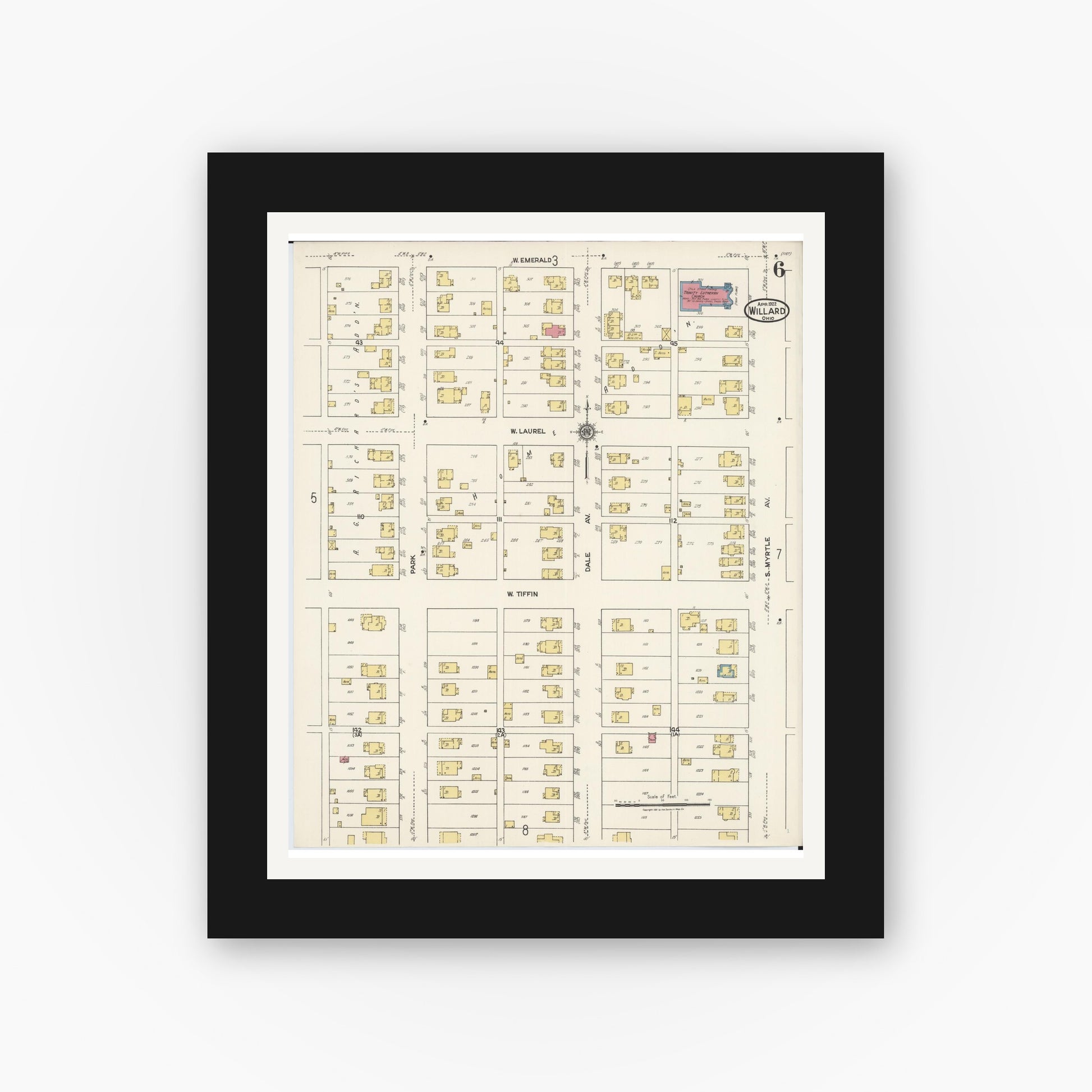 Old map wall art mockup — black gallery frame with white mat — Sanborn Fire Insurance Map from Willard, Huron County, Ohio (1922), Sheet #0006