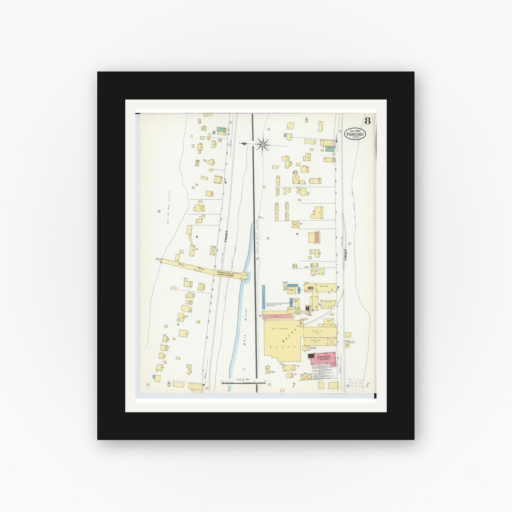 Old map wall art mockup — black gallery frame with white mat — Sanborn Fire Insurance Map from Pomeroy, Meigs County, Ohio (1908), Sheet #0008