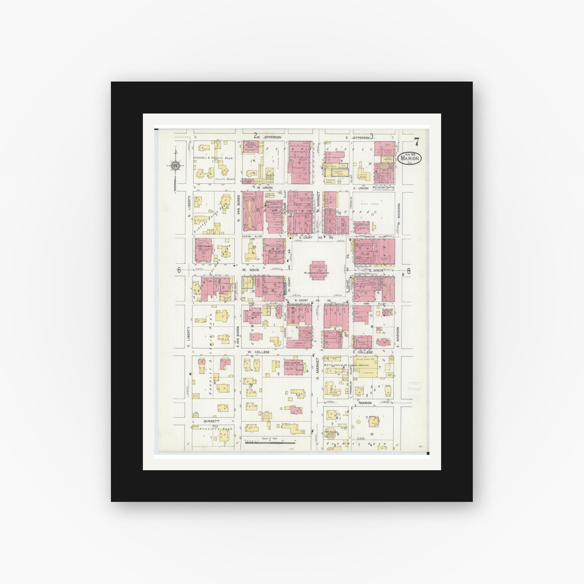 Old map wall art mockup — black gallery frame with white mat — Sanborn Fire Insurance Map from Marion, Williamson County, Illinois (1913), Sheet #0007