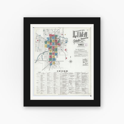 Old map wall art mockup — black gallery frame with white mat — Sanborn Fire Insurance Map from Lima, Allen County, Ohio (1905), Sheet #0001