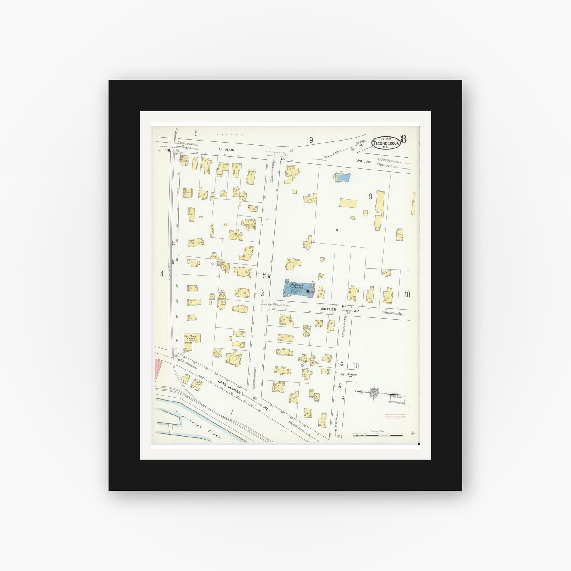 Old map wall art mockup — black gallery frame with white mat — Sanborn Fire Insurance Map from Ticonderoga, Essex County, New York (1912), Sheet #0008