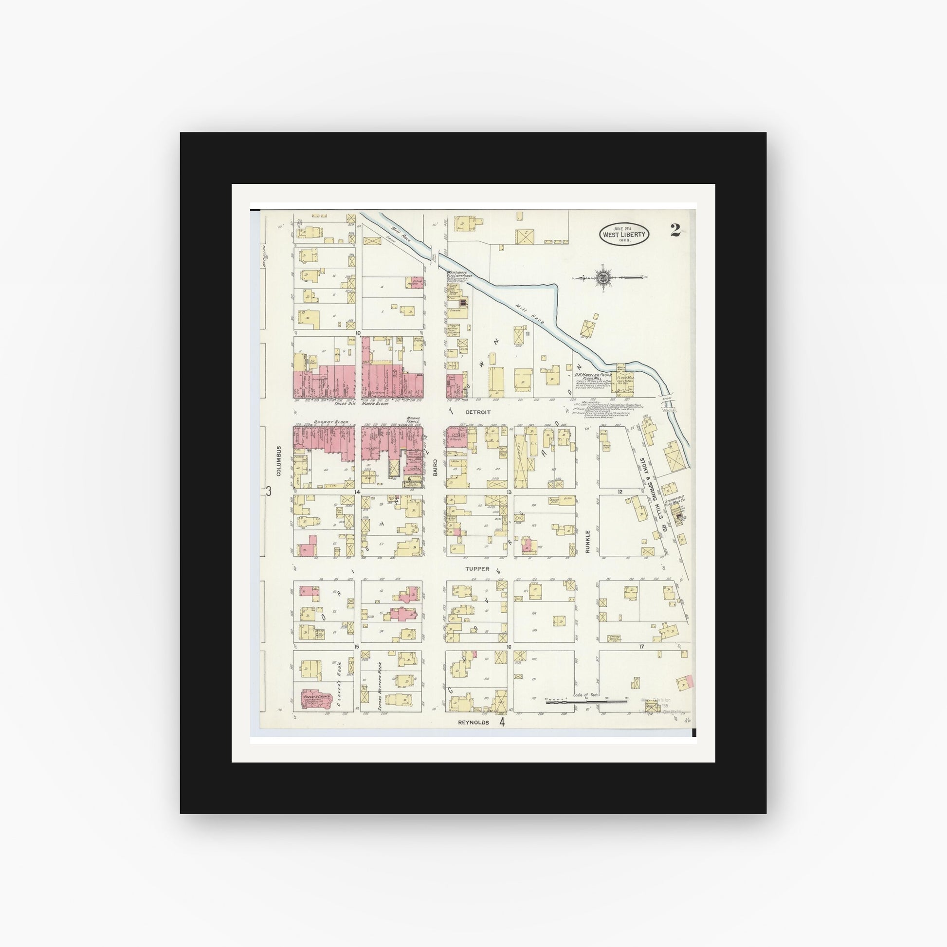 Old map wall art mockup — black gallery frame with white mat — Sanborn Fire Insurance Map from West Liberty, Logan County, Ohio (1911), Sheet #0002