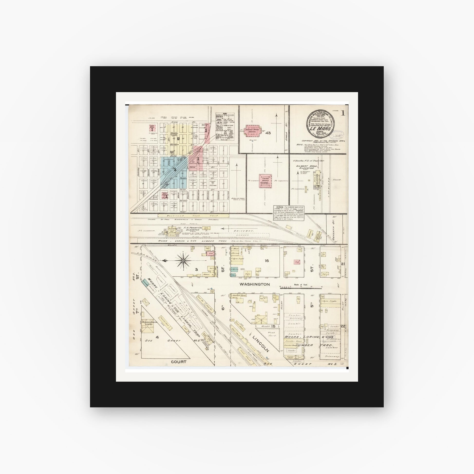 Old map wall art mockup — black gallery frame with white mat — Sanborn Fire Insurance Map from Le Mars, Plymouth County, Iowa (1883), Sheet #0001