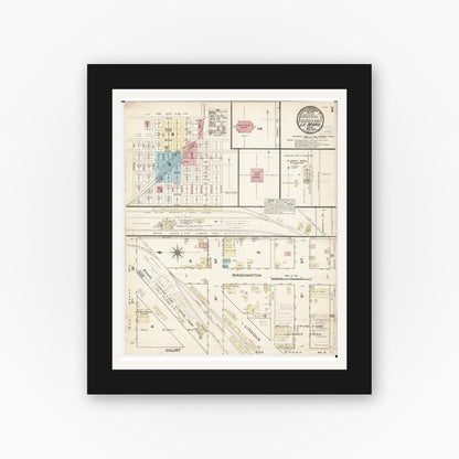 Old map wall art mockup — black gallery frame with white mat — Sanborn Fire Insurance Map from Le Mars, Plymouth County, Iowa (1883), Sheet #0001
