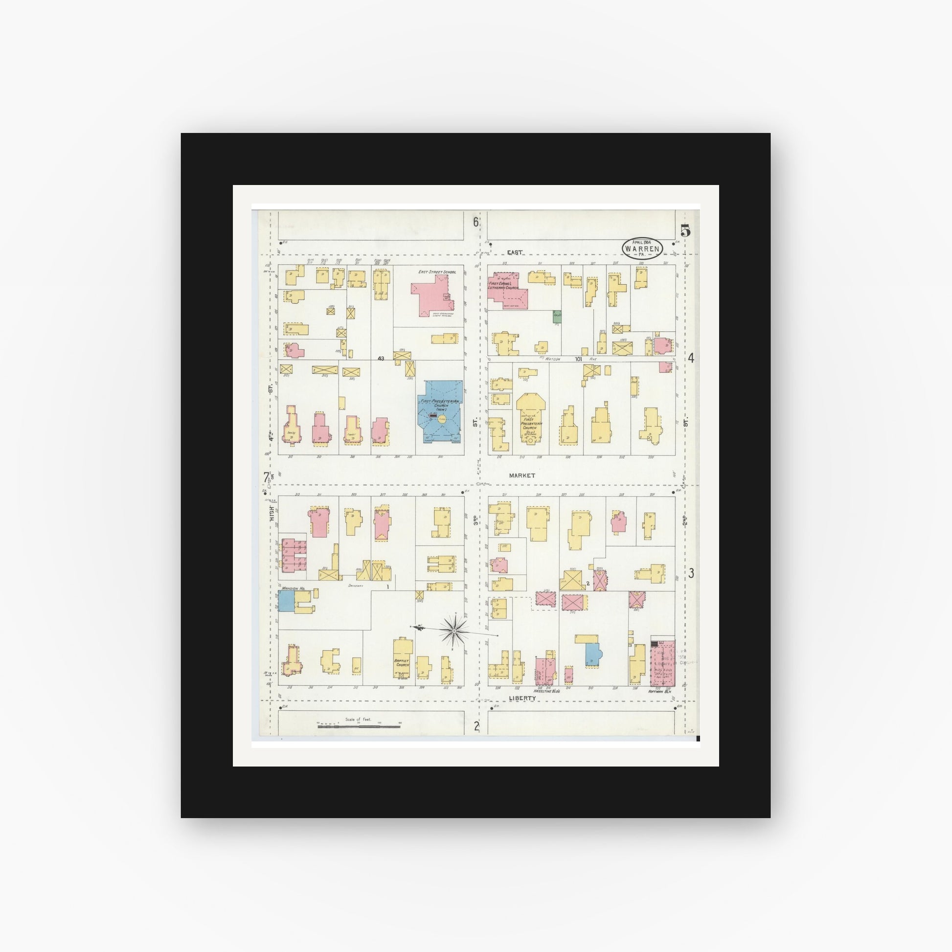 Old map wall art mockup — black gallery frame with white mat — Sanborn Fire Insurance Map from Warren, Warren County, Pennsylvania (1904), Sheet #0005