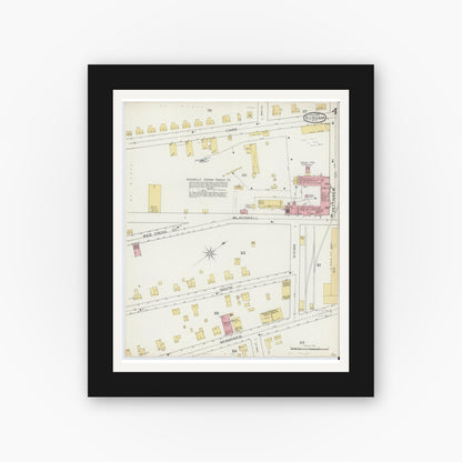 Old map wall art mockup — black gallery frame with white mat — Sanborn Fire Insurance Map from Durham, Durham County, North Carolina (1893), Sheet #0004