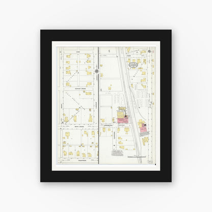 Old map wall art mockup — black gallery frame with white mat — Sanborn Fire Insurance Map from Edinburg, Johnson And Bartholomew Counties, Indiana (1910), Sheet #0006