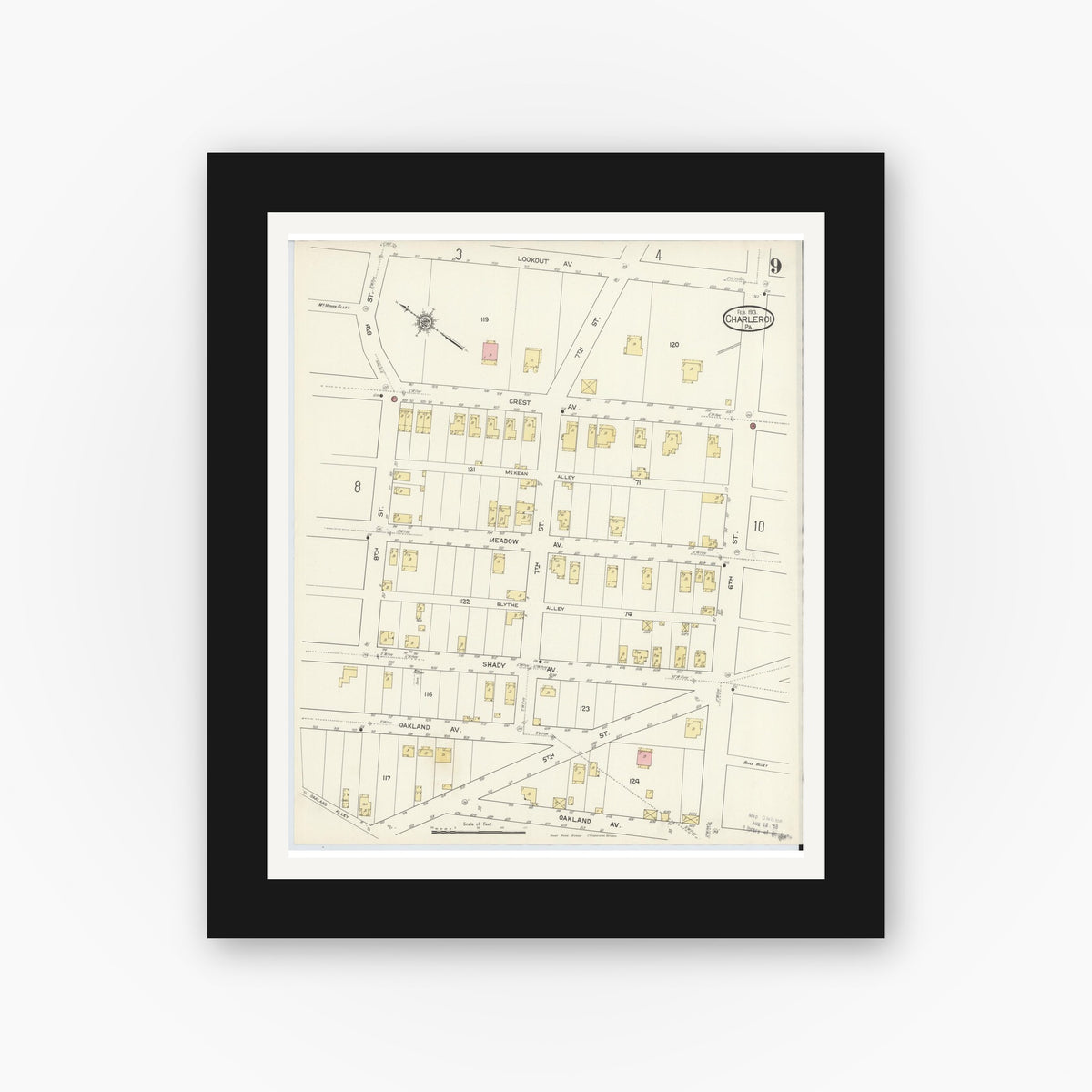Old map wall art mockup — black gallery frame with white mat — Sanborn Fire Insurance Map from Charleroi, Washington County, Pennsylvania (1913), Sheet #0009