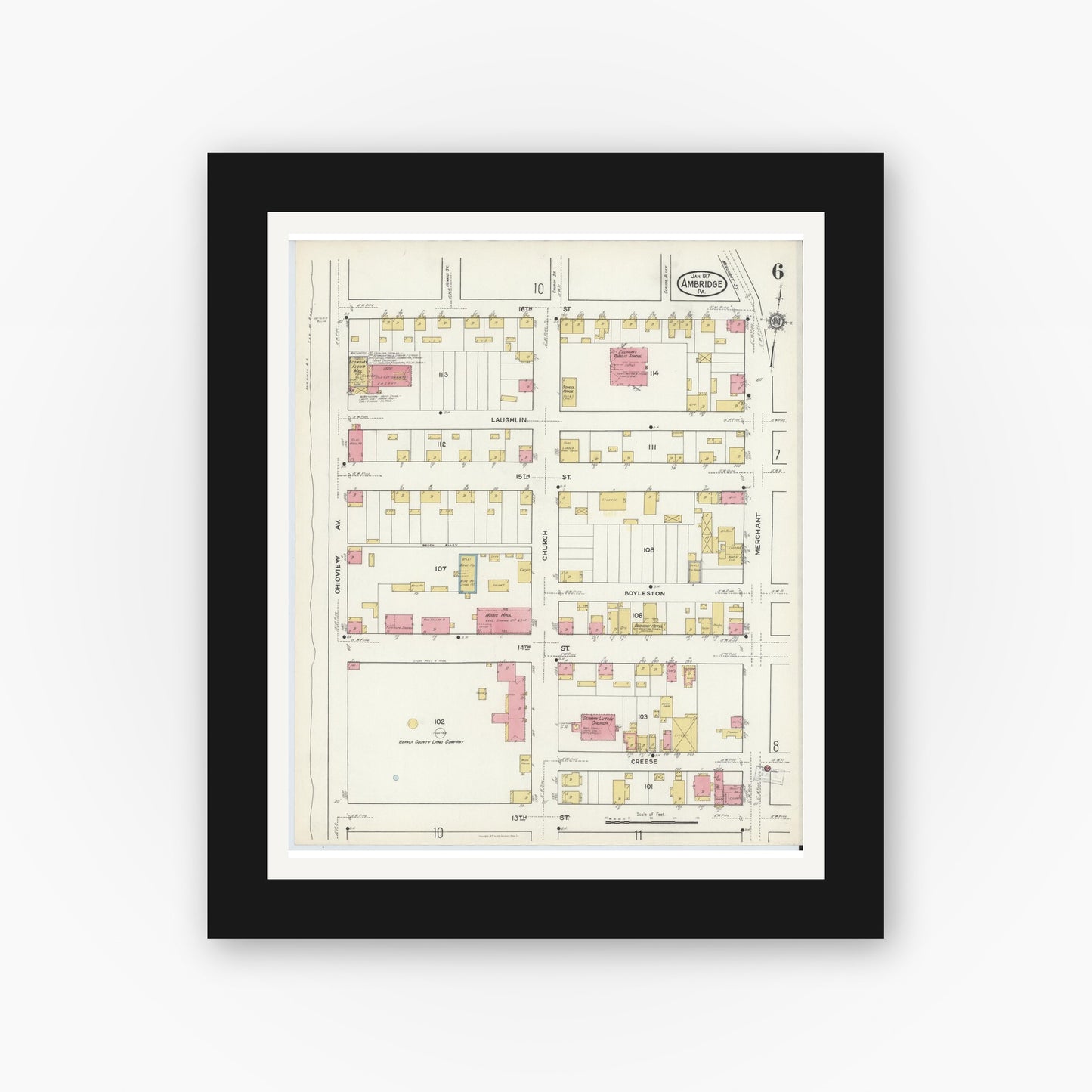 Old map wall art mockup — black gallery frame with white mat — Sanborn Fire Insurance Map from Ambridge, Beaver County, Pennsylvania (1917), Sheet #0006