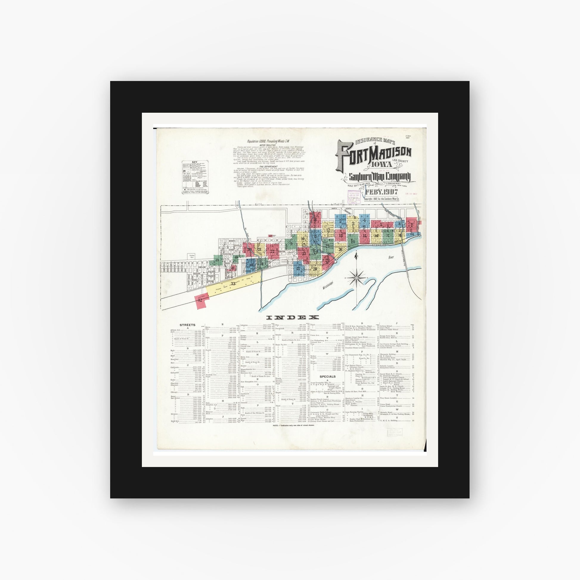Old map wall art mockup — black gallery frame with white mat — Sanborn Fire Insurance Map from Fort Madison, Lee County, Iowa (1907) â€” Complete Set