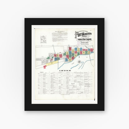 Old map wall art mockup — black gallery frame with white mat — Sanborn Fire Insurance Map from Fort Madison, Lee County, Iowa (1907) â€” Complete Set