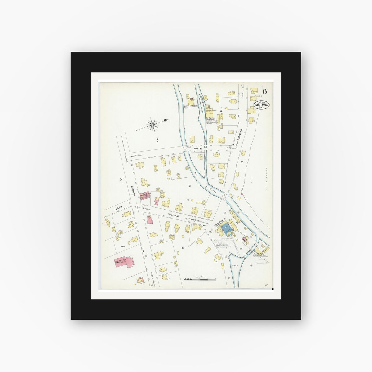 Old map wall art mockup — black gallery frame with white mat — Sanborn Fire Insurance Map from Moravia, Cayuga County, New York (1908), Sheet #0006