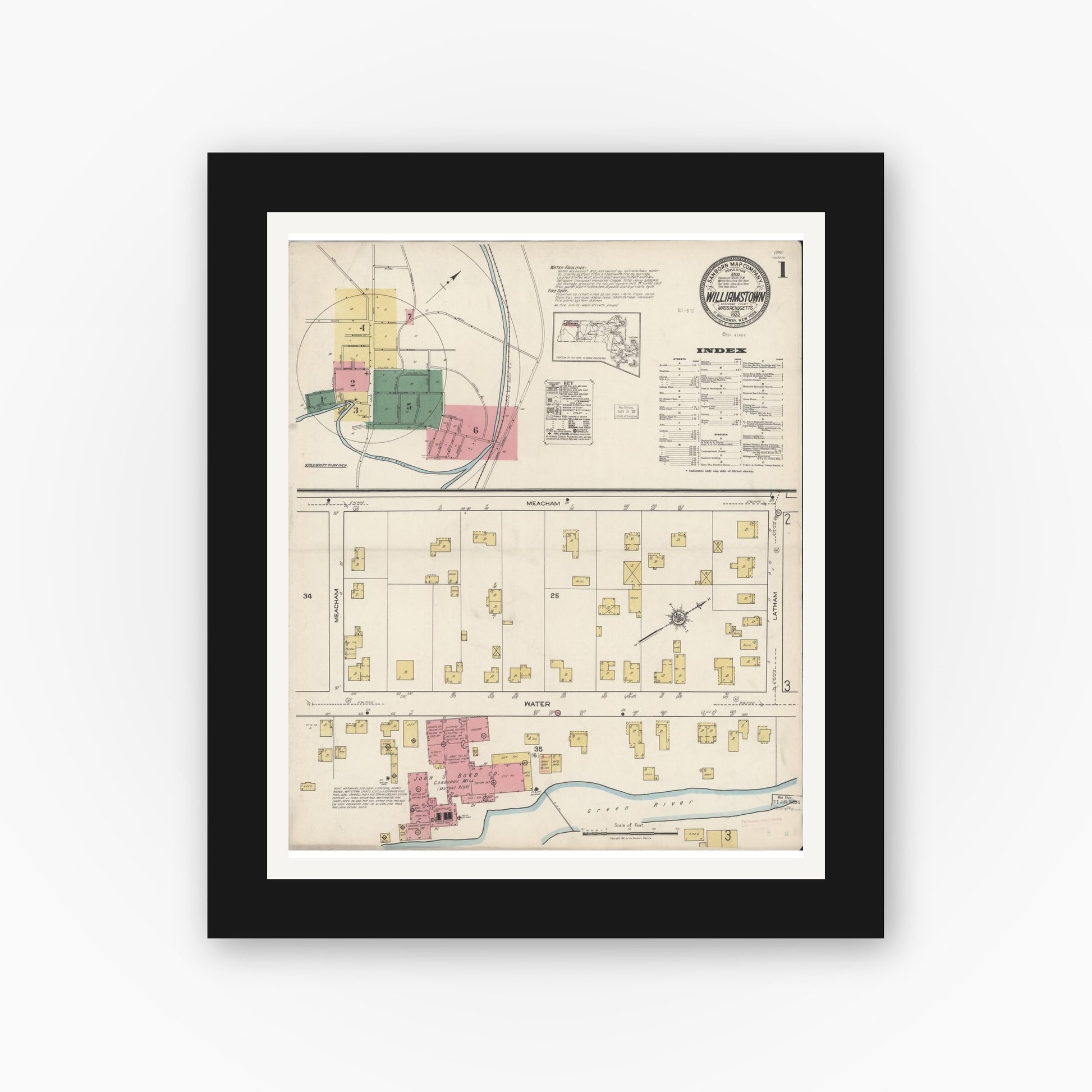 Old map wall art mockup — black gallery frame with white mat — Sanborn Fire Insurance Map from Williamstown, Berkshire County, Massachusetts (1922) - Complete Map Set
