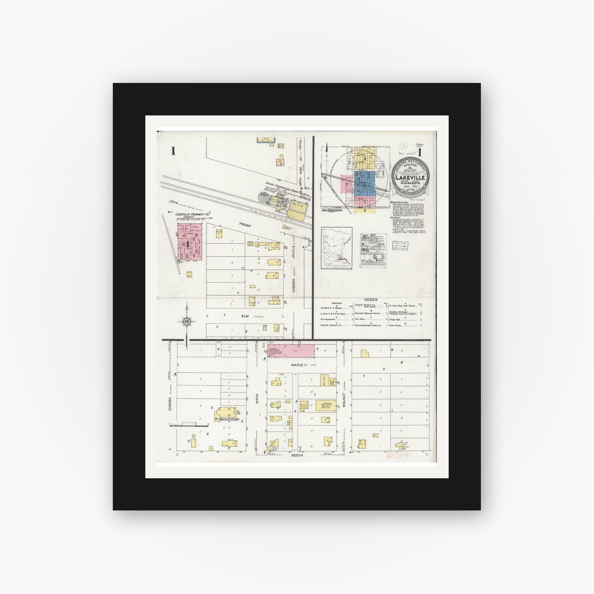 Old map wall art mockup — black gallery frame with white mat — Sanborn Fire Insurance Map from Lakeville, Dakota County, Minnesota (1930) - Complete Map Set