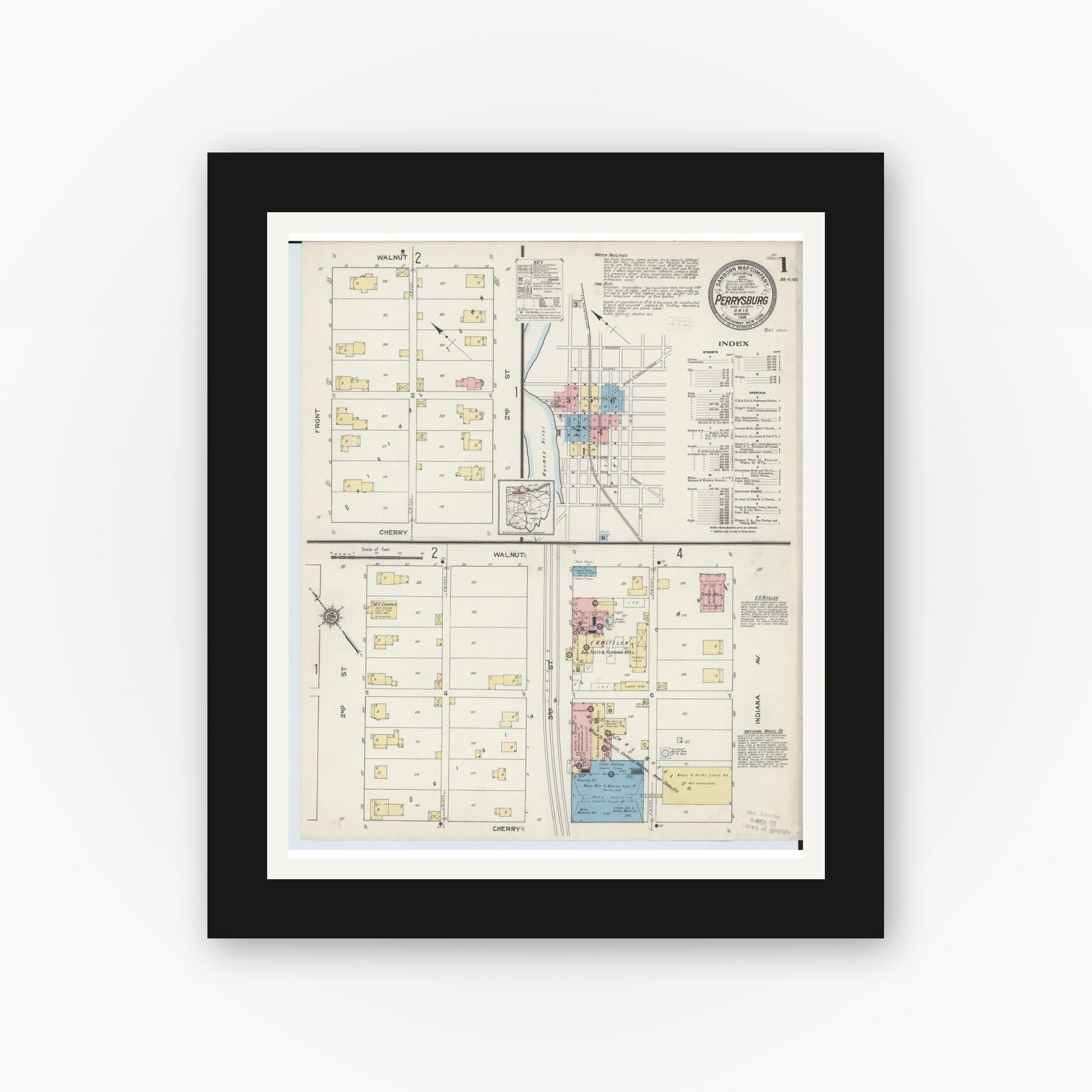 Old map wall art mockup — black gallery frame with white mat — Sanborn Fire Insurance Map from Perrysburg, Wood County, Ohio (1914) - Complete Map Set