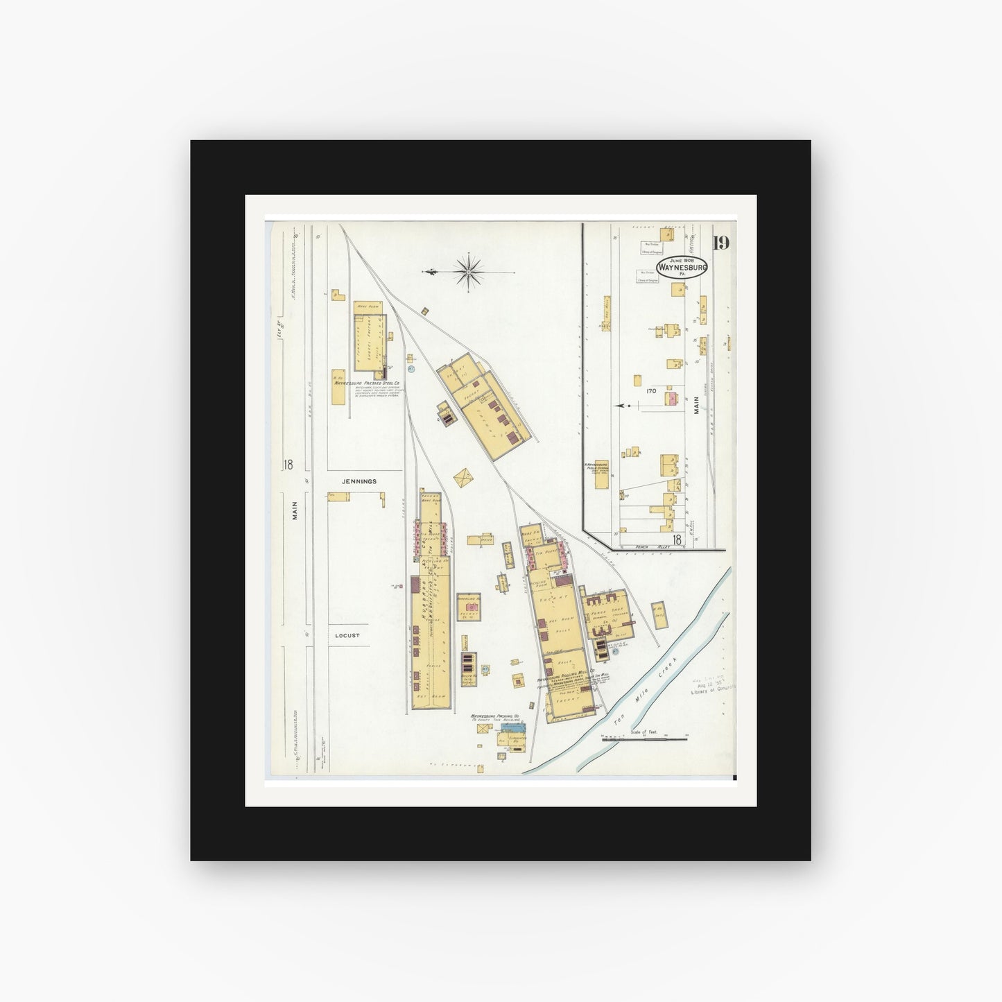 Old map wall art mockup — black gallery frame with white mat — Sanborn Fire Insurance Map from Waynesburg, Greene County, Pennsylvania (1908), Sheet #0019
