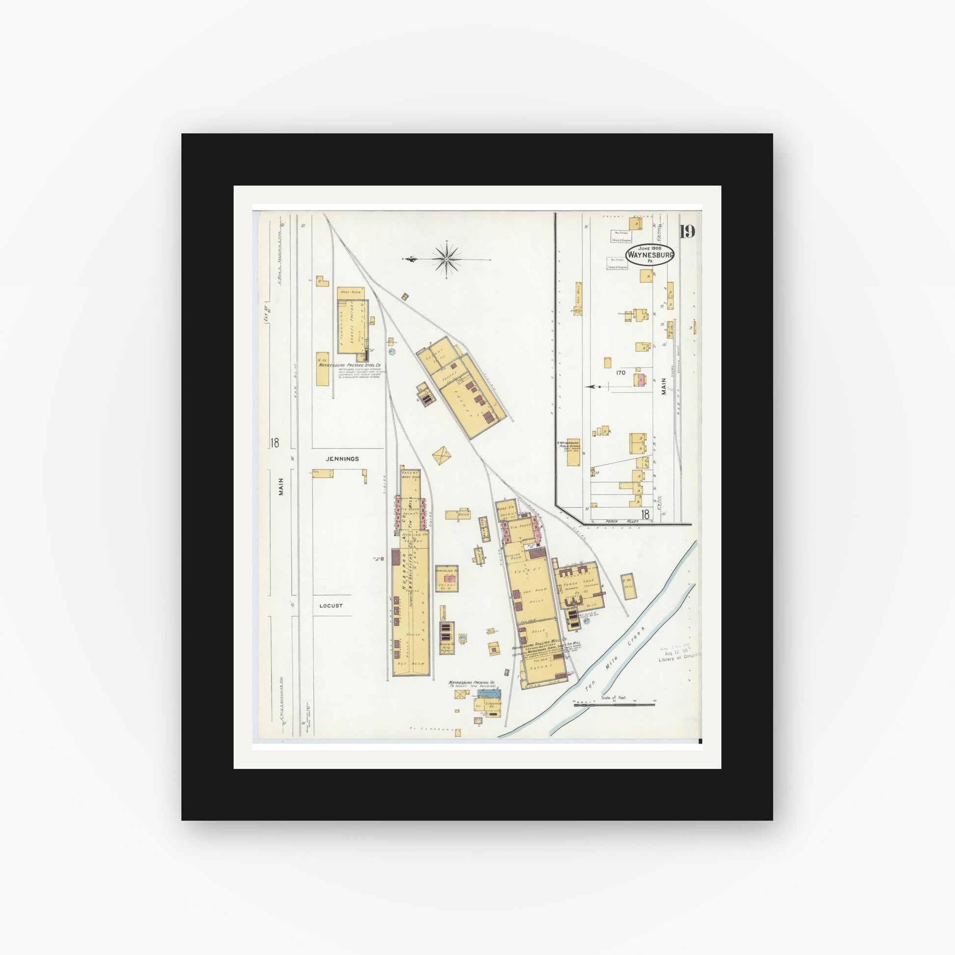 Old map wall art mockup — black gallery frame with white mat — Sanborn Fire Insurance Map from Waynesburg, Greene County, Pennsylvania (1908), Sheet #0019