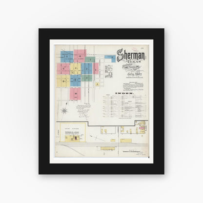 Old map wall art mockup — black gallery frame with white mat — Sanborn Fire Insurance Map from Sherman, Grayson County, Texas (1892) - Complete Map Set