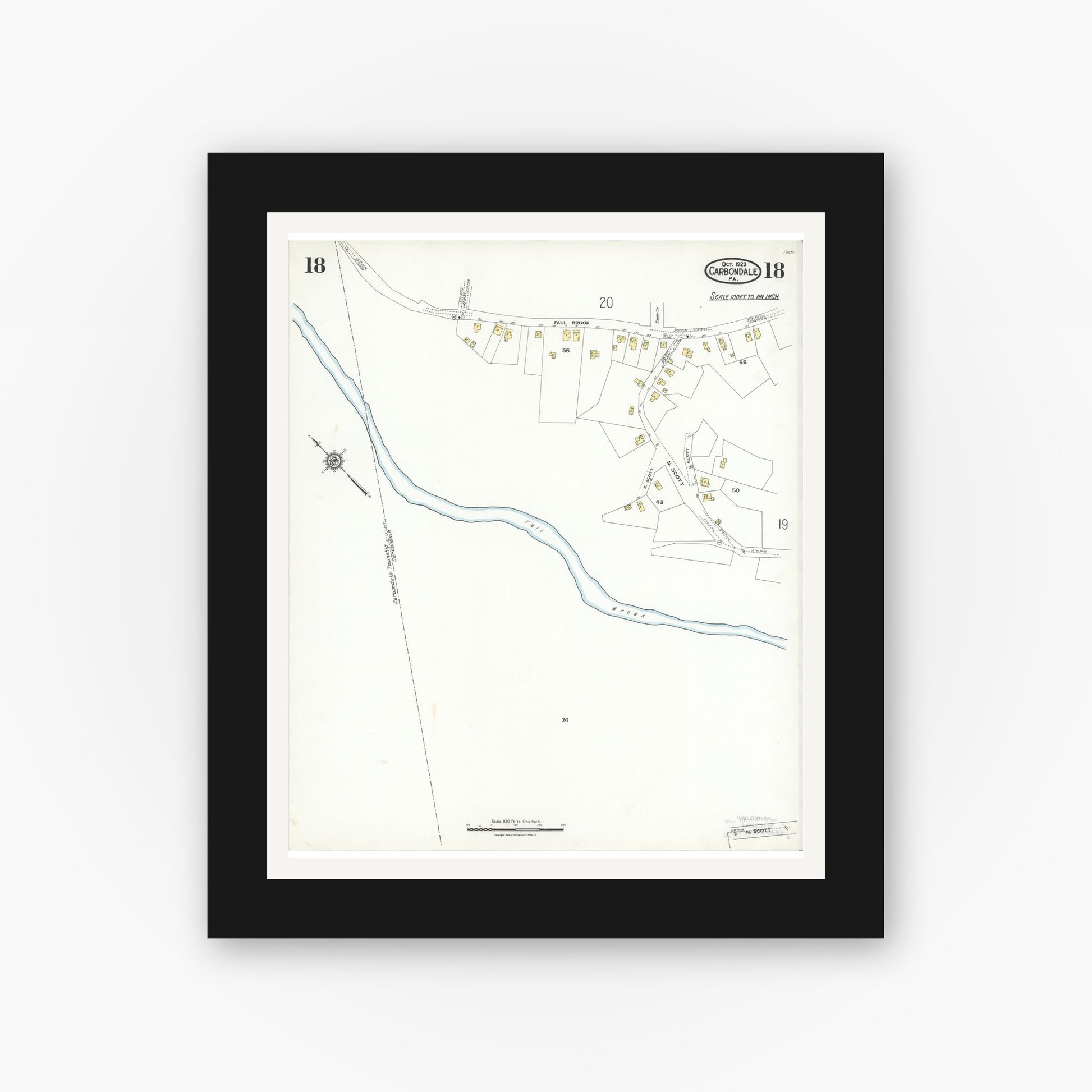 Old map wall art mockup — black gallery frame with white mat — Sanborn Fire Insurance Map from Carbondale, Lackawanna County, Pennsylvania (1923), Sheet #0018